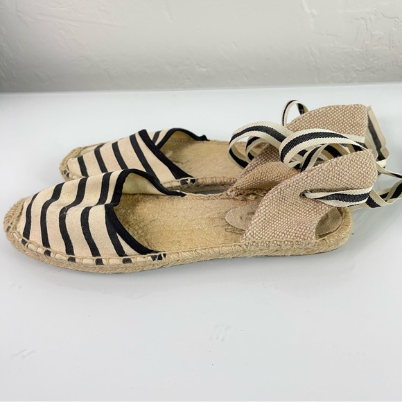 Soludos Shoes Espadrille Ankle Flats‎ Tie Striped Black White Tan Cream - Picture 2 of 12